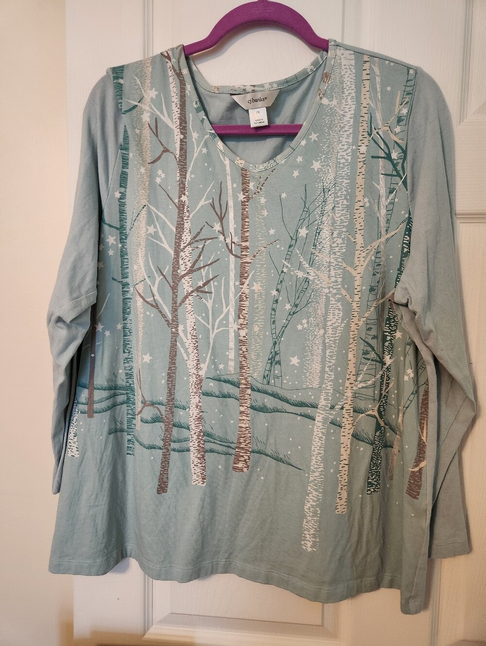 CJ Banks,Soft Teal Long-Sleeve Women’s Woodland Print Top, sz 1x